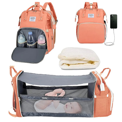 3-in-1 Diaper Bag: Foldable Baby Bed, USB Charging, Waterproof Travel Backpack