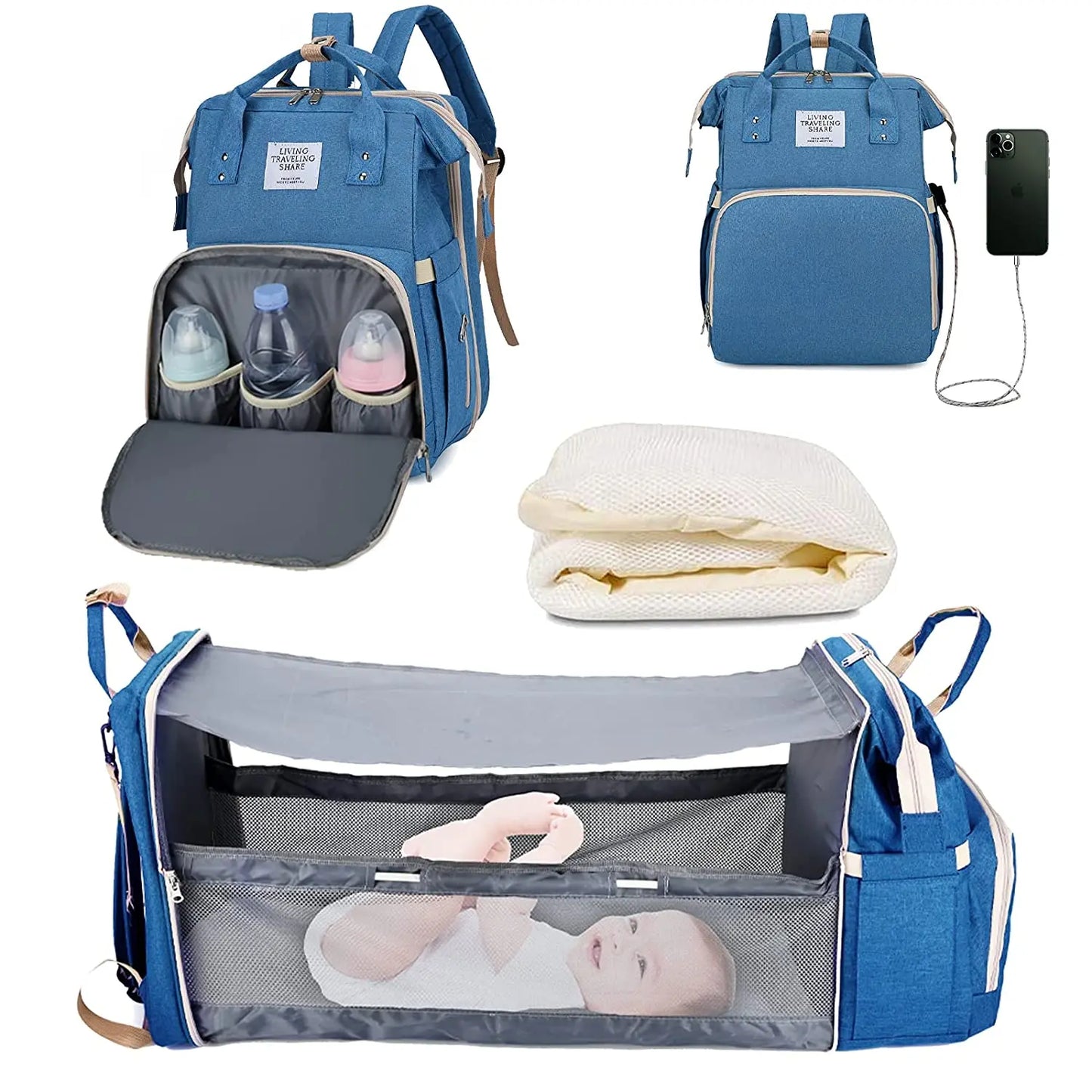 3-in-1 Diaper Bag: Foldable Baby Bed, USB Charging, Waterproof Travel Backpack