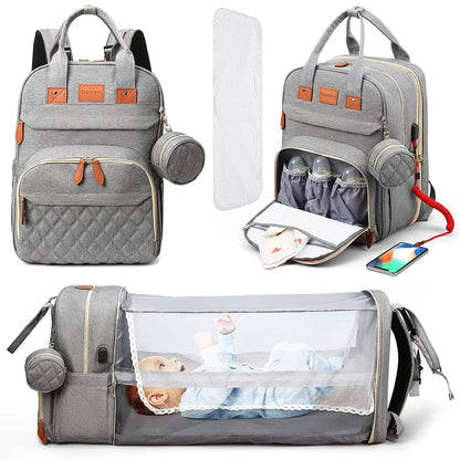 3-in-1 Diaper Bag: Foldable Baby Bed, USB Charging, Waterproof Travel Backpack