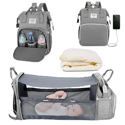 3-in-1 Diaper Bag: Foldable Baby Bed, USB Charging, Waterproof Travel Backpack