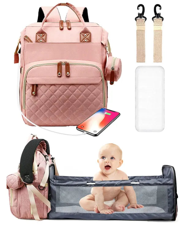 3-in-1 Diaper Bag: Foldable Baby Bed, USB Charging, Waterproof Travel Backpack