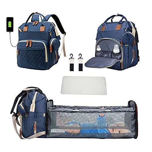 3-in-1 Diaper Bag: Foldable Baby Bed, USB Charging, Waterproof Travel Backpack