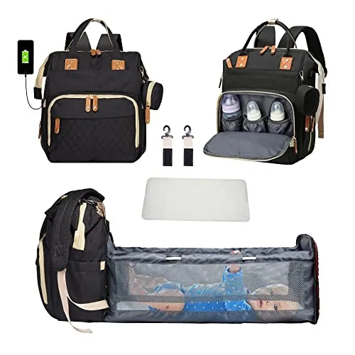 3-in-1 Diaper Bag: Foldable Baby Bed, USB Charging, Waterproof Travel Backpack