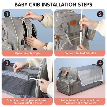 3-in-1 Diaper Bag: Foldable Baby Bed, USB Charging, Waterproof Travel Backpack