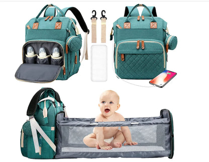 3-in-1 Diaper Bag: Foldable Baby Bed, USB Charging, Waterproof Travel Backpack