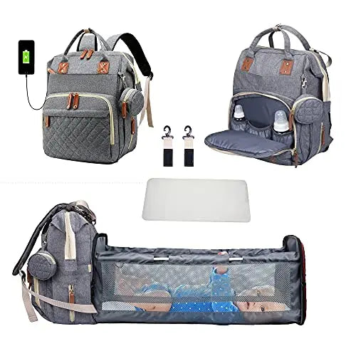 3-in-1 Diaper Bag: Foldable Baby Bed, USB Charging, Waterproof Travel Backpack