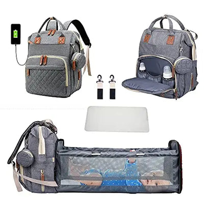 3-in-1 Diaper Bag: Foldable Baby Bed, USB Charging, Waterproof Travel Backpack