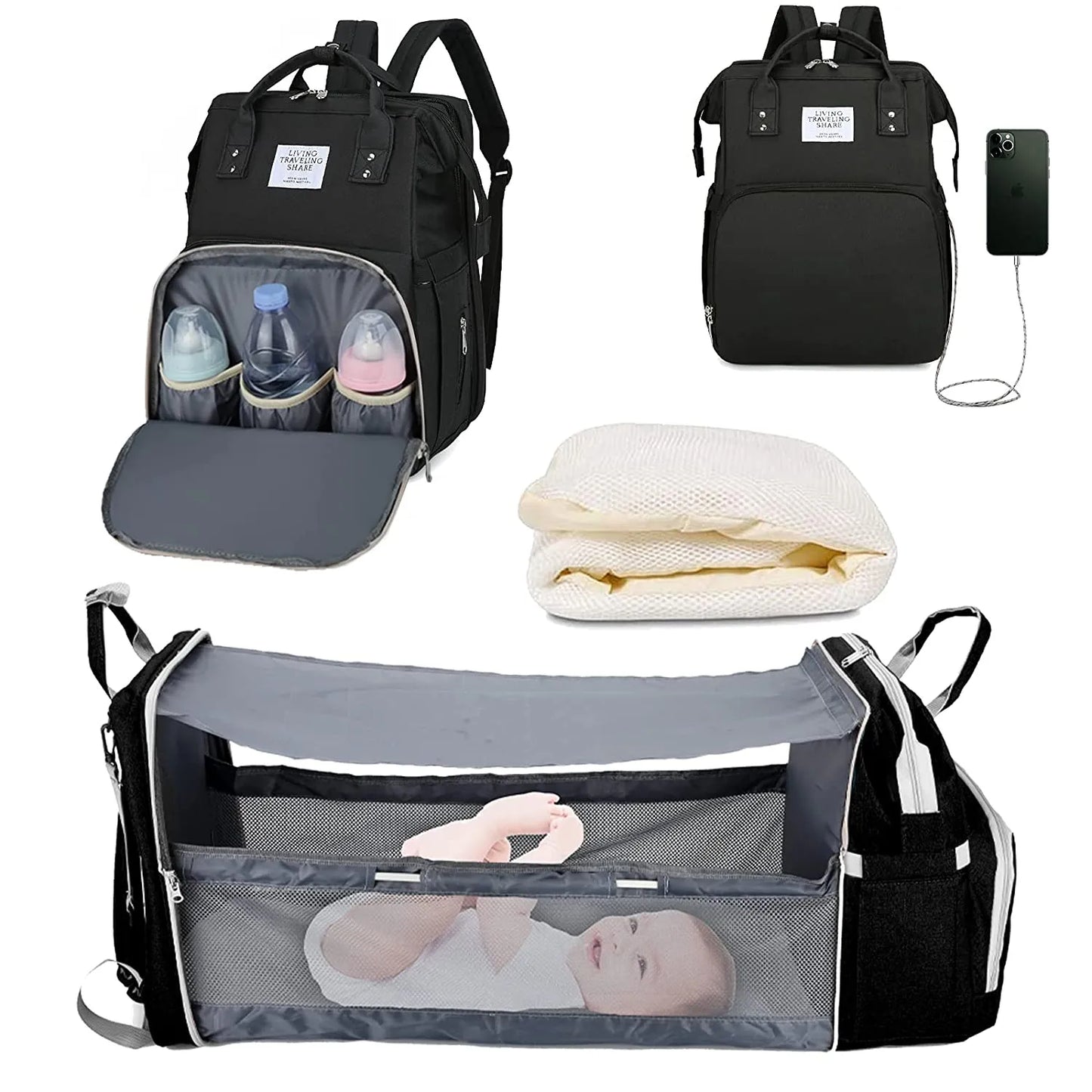 3-in-1 Diaper Bag: Foldable Baby Bed, USB Charging, Waterproof Travel Backpack