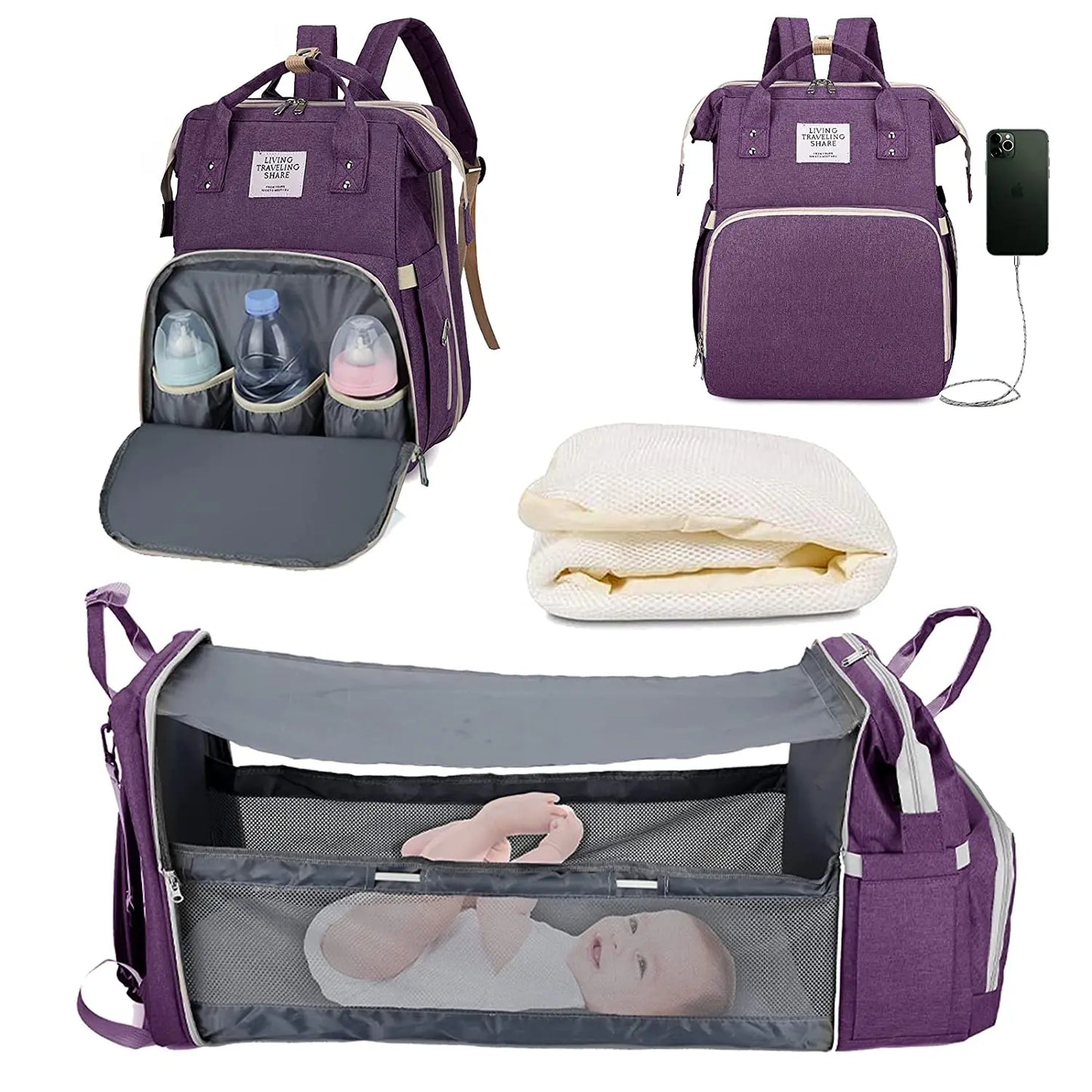 3-in-1 Diaper Bag: Foldable Baby Bed, USB Charging, Waterproof Travel Backpack