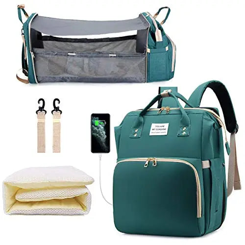 3-in-1 Diaper Bag: Foldable Baby Bed, USB Charging, Waterproof Travel Backpack