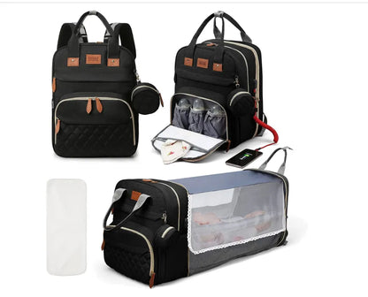 3-in-1 Diaper Bag: Foldable Baby Bed, USB Charging, Waterproof Travel Backpack