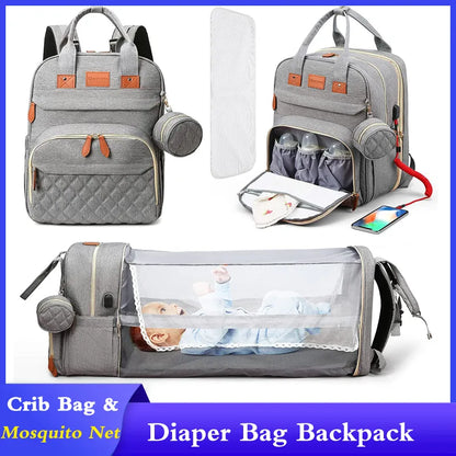 3-in-1 Diaper Bag: Foldable Baby Bed, USB Charging, Waterproof Travel Backpack