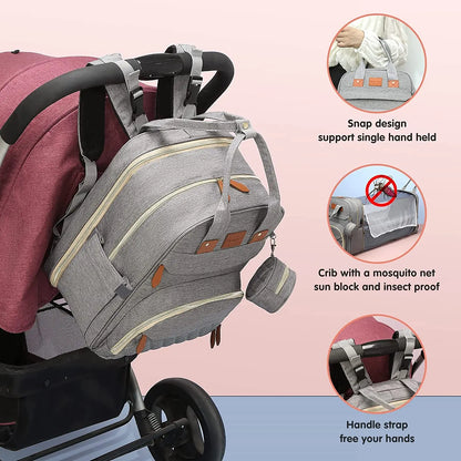 3-in-1 Diaper Bag: Foldable Baby Bed, USB Charging, Waterproof Travel Backpack