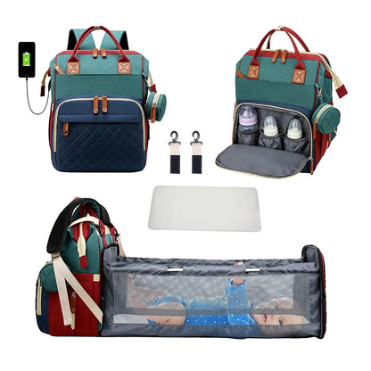 3-in-1 Diaper Bag: Foldable Baby Bed, USB Charging, Waterproof Travel Backpack