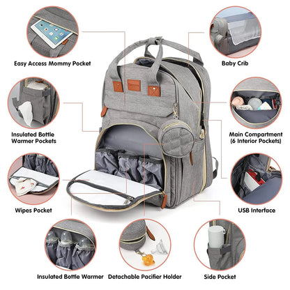 3-in-1 Diaper Bag: Foldable Baby Bed, USB Charging, Waterproof Travel Backpack